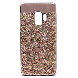 Galaxy S9 Sparkling Glitter Chrome Fancy Case with Metal Plate (Gold)